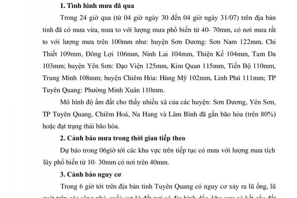 TIN CẢNH BÁO LŨ QUÉT, SẠT LỞ ĐẤT SỤT LÚN ĐẤT DO MƯA LŨ HOẶC DÒNG CHẢY TỈNH TUYÊN QUANG