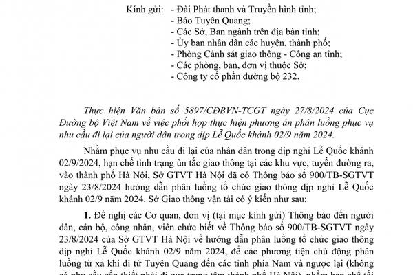 (TTV) Thông báo phân luồng giao thông dịp nghỉ lễ Quốc khánh 2/9 phục vụ nhu cầu đi lại của người dân qua khu vực thành phố Hà Nội