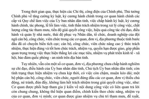 Chỉ thị Về tăng cường kỷ luật, kỷ cương hành chính, nâng cao trách nhiệm thực thi nhiệm vụ của các cơ quan, đơn vị trên địa bàn tỉnh Tuyên Quang