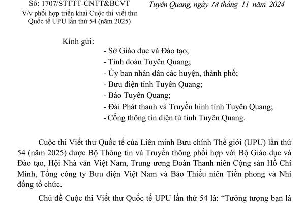 Triển khai Cuộc thi viết thư Quốc tế UPU lần thứ 54 (năm 2025)