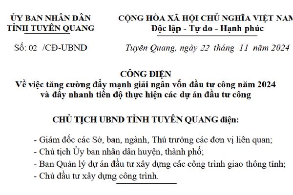 (TTV) Tăng cường đẩy mạnh giải ngân vốn đầu tư công năm 2024  và đẩy nhanh tiến độ thực hiện các dự án đầu tư công